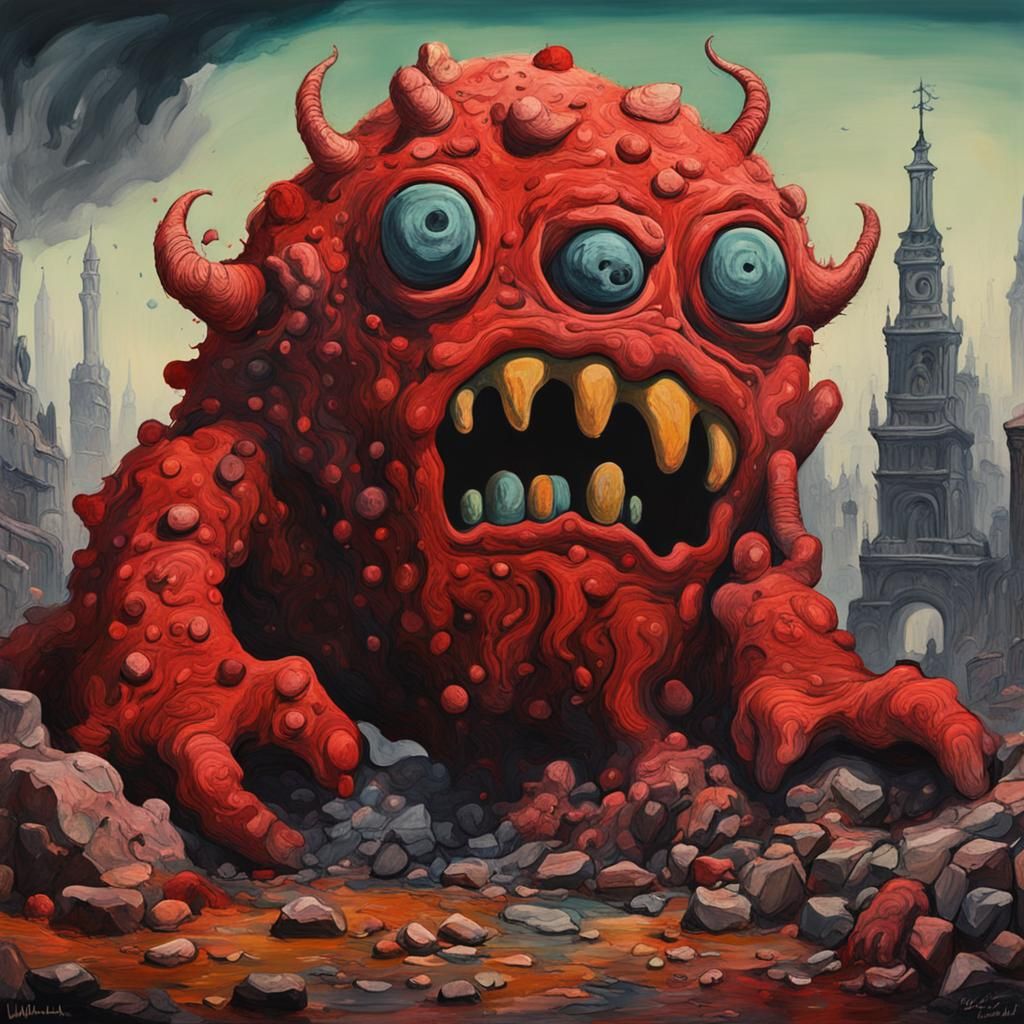 a good bad average painting of a monster with clashing color...