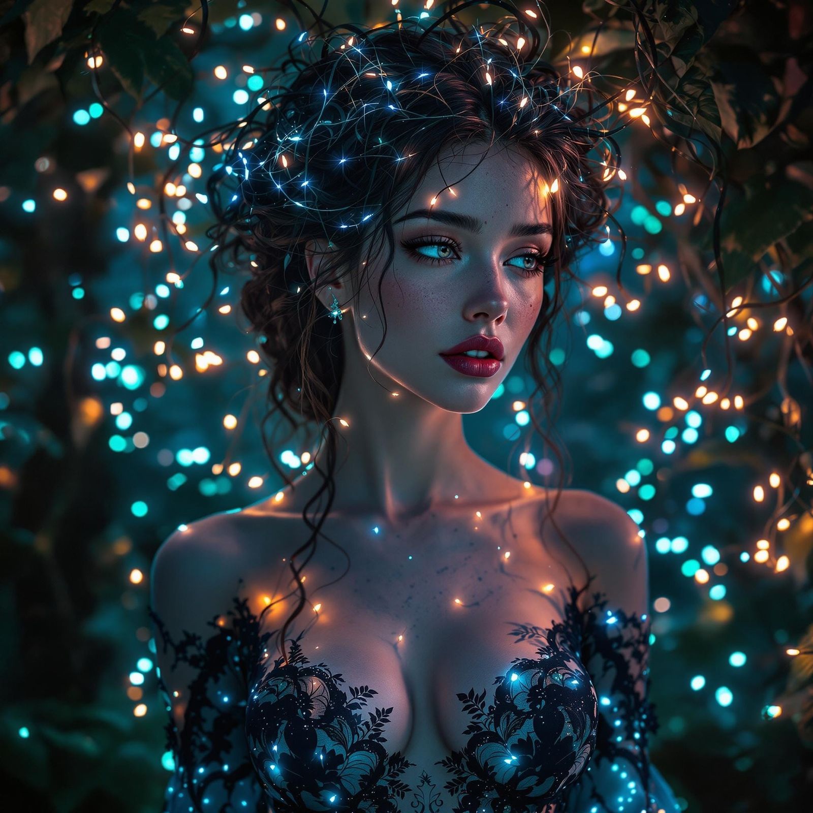 Ethereal Woman in Bioluminescent Grove, Art Nouveau Style
