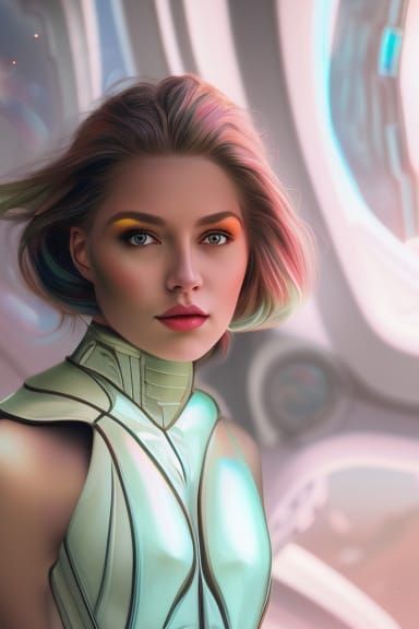 beautiful girl in futuristic spaceship, cinematic brilliant stunning intricate meticulously detailed dramatic atmospheri...