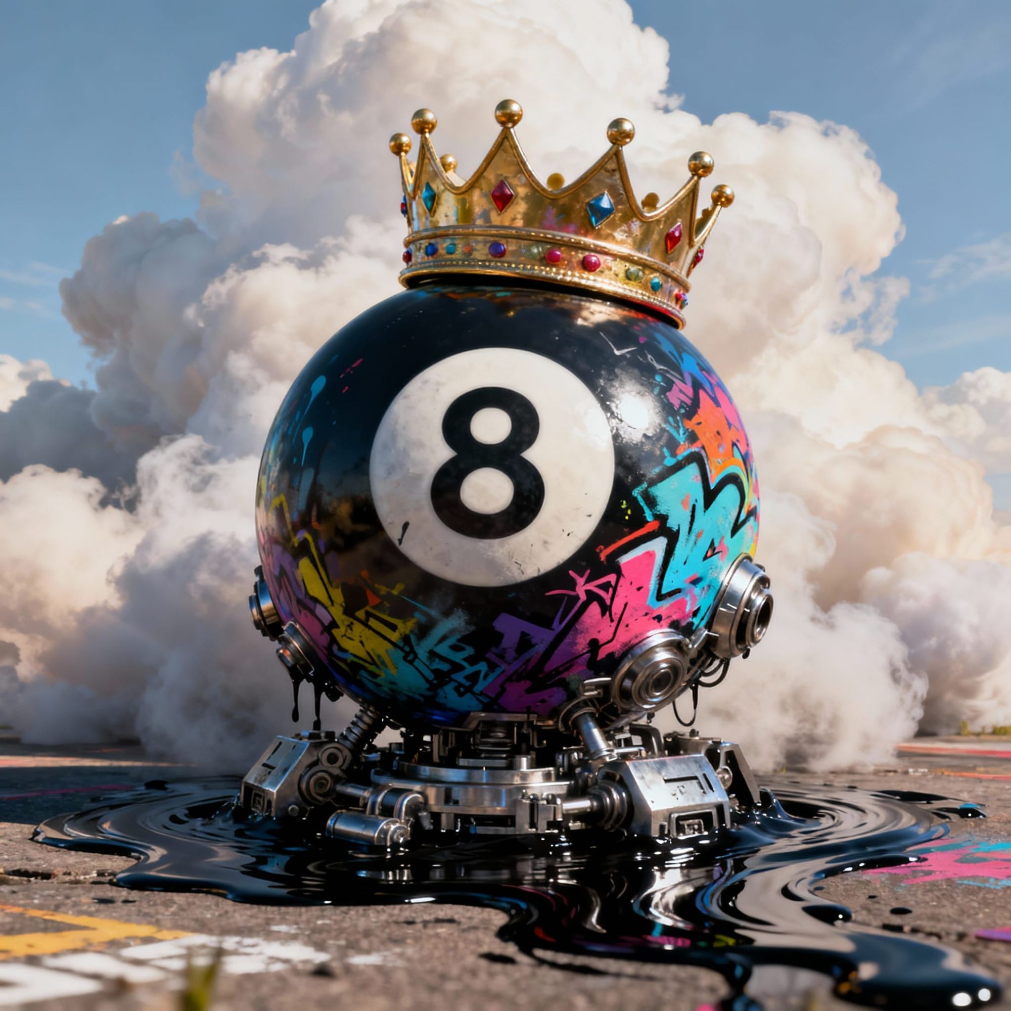 an abstract 8 ball wearing a kings crown, in light clouds with liquid swirling dark colors surrounding it, abstract art complementary colors...