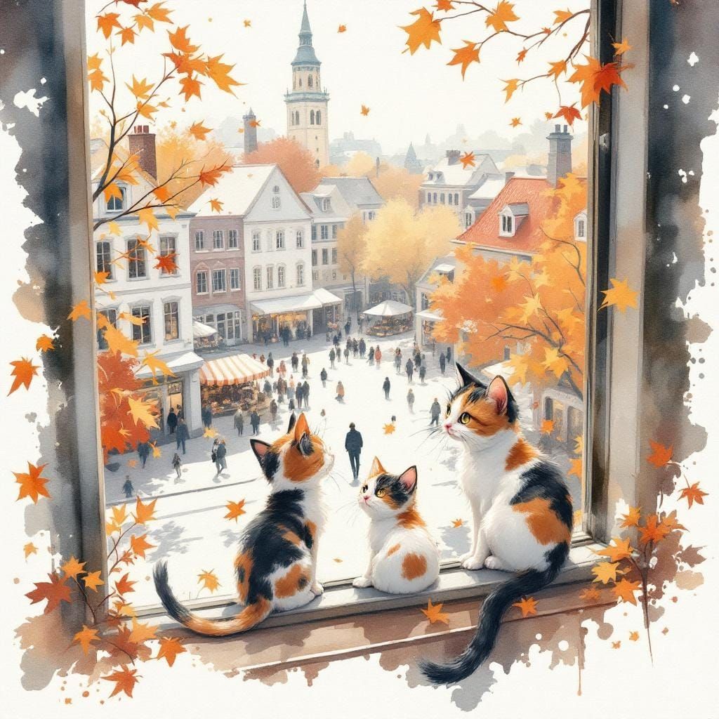 Calico Kittens Observe Autumn in Gouache Illustration Style