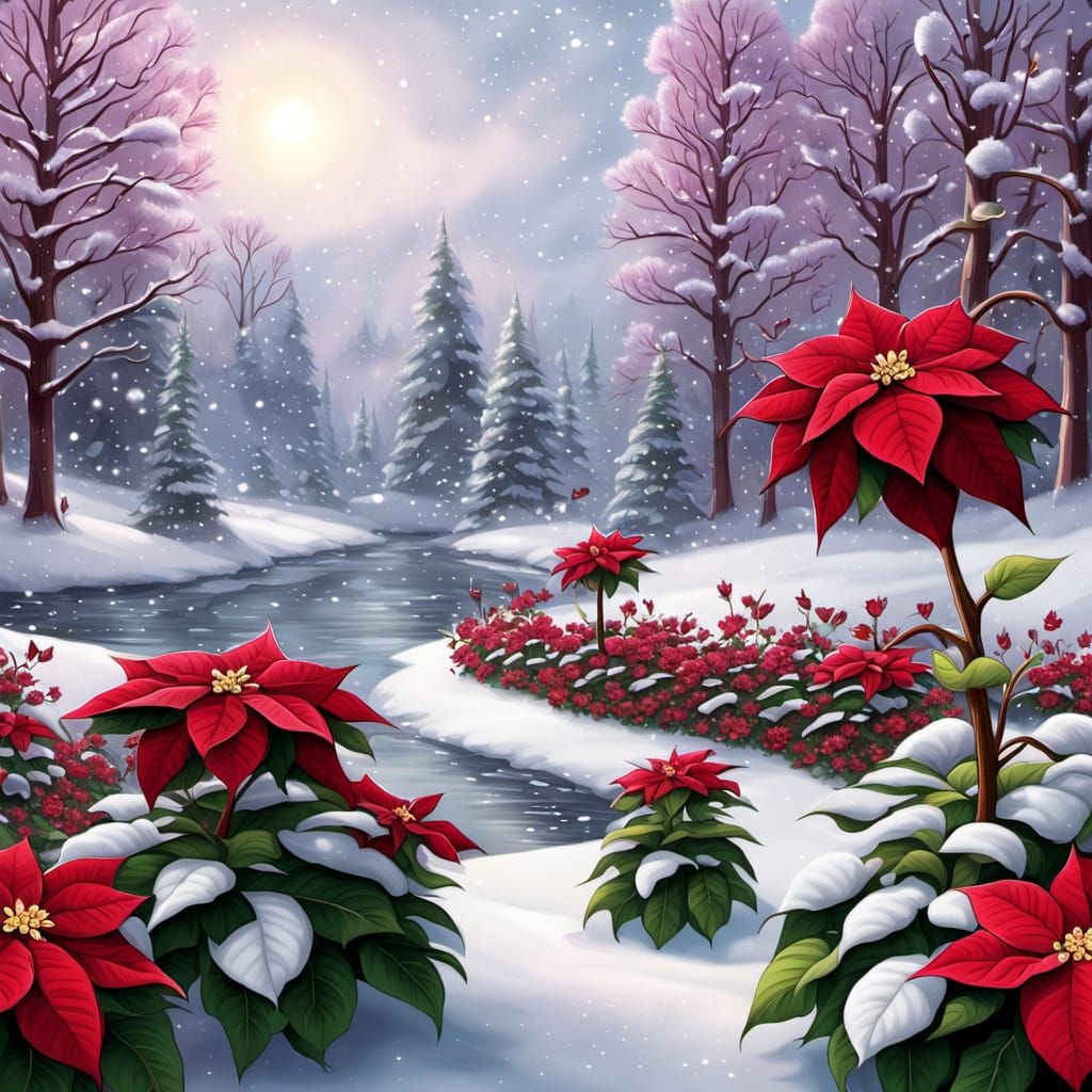 little mythical poinsettia creatures are fluffy furry puffy cuties babies, and a beautiful forest full of burgundy maroon roses and baby pet...