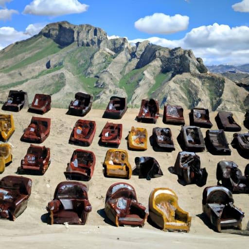 mountains covered in leather chairs with faceless people sit...