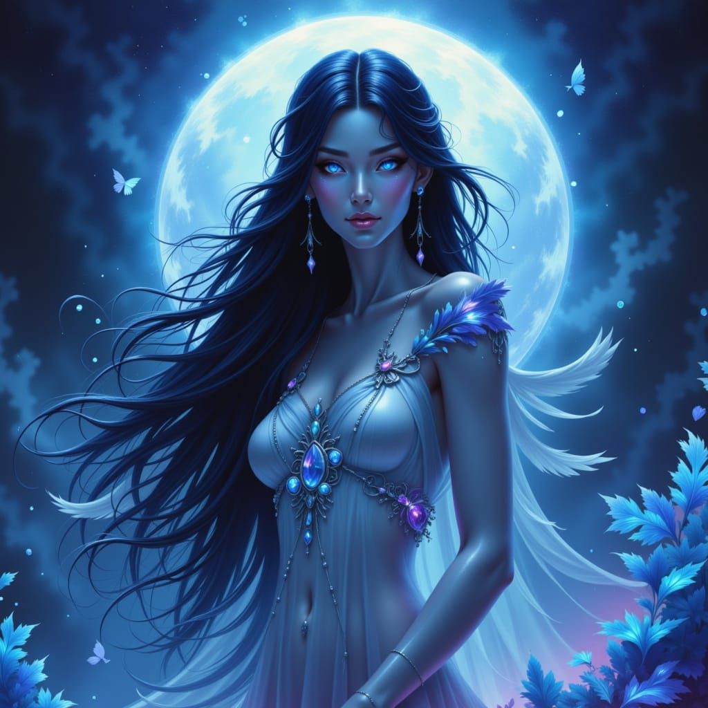 Ethereal fantasy art. Medium shot. A slender, slightly muscular Moon Goddess with long, flowing dark blue hair and light blue skin stands am...