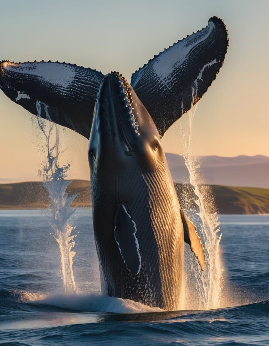 a photorealistic image of a humpback whale jumping out of the ocean