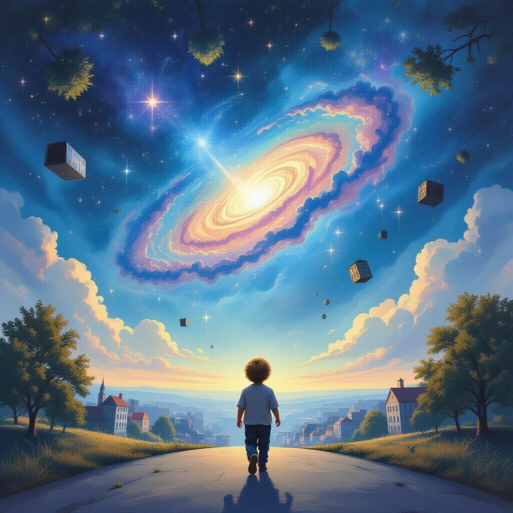 . Child walking on upside-down horizon, dream gravity
