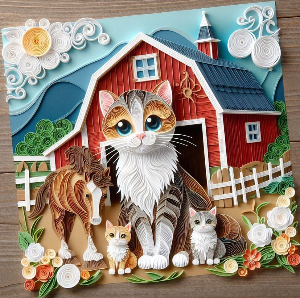 quilled cat, kittens and horse.