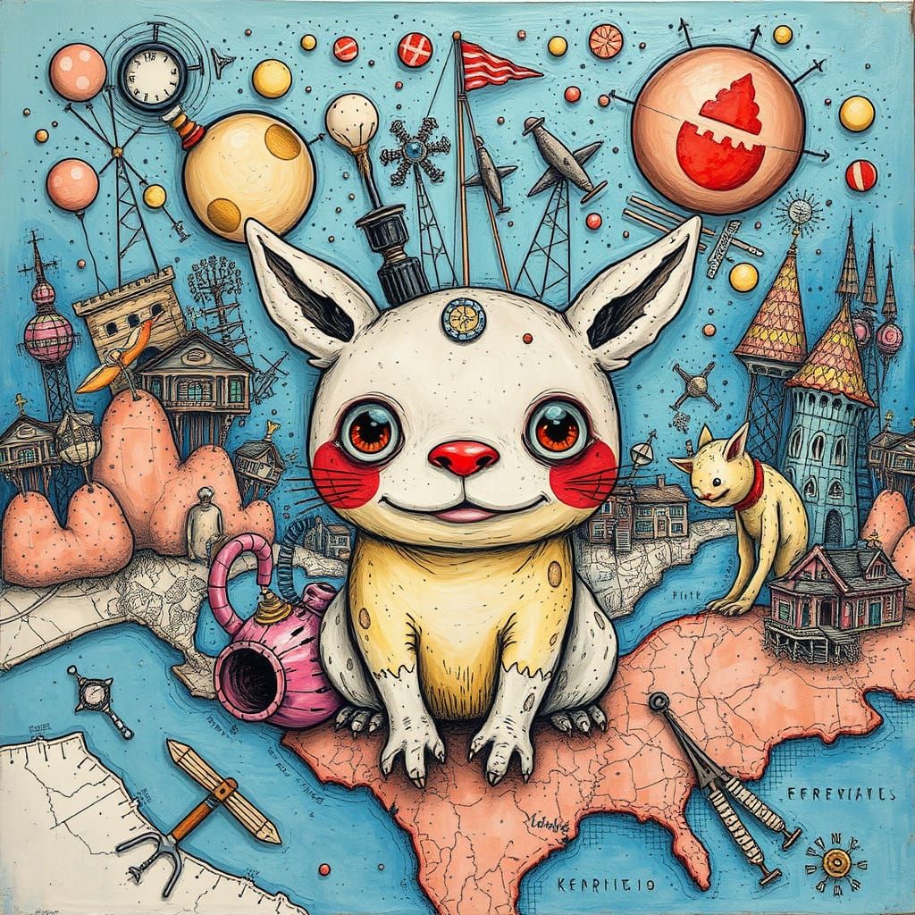 Whimsical Creature in Surreal Impasto Landscape