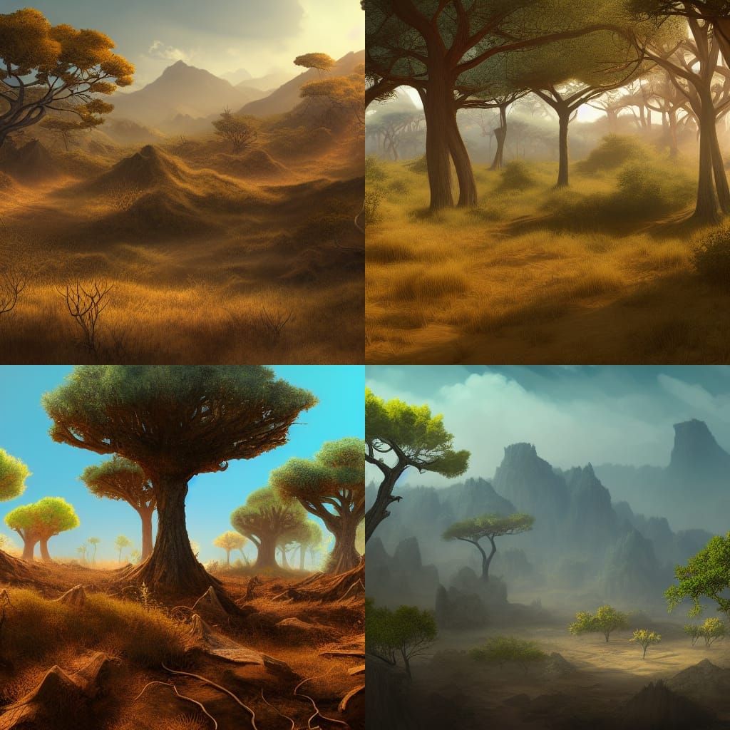 dry forest on arid plains, sunny day, varied vegetation