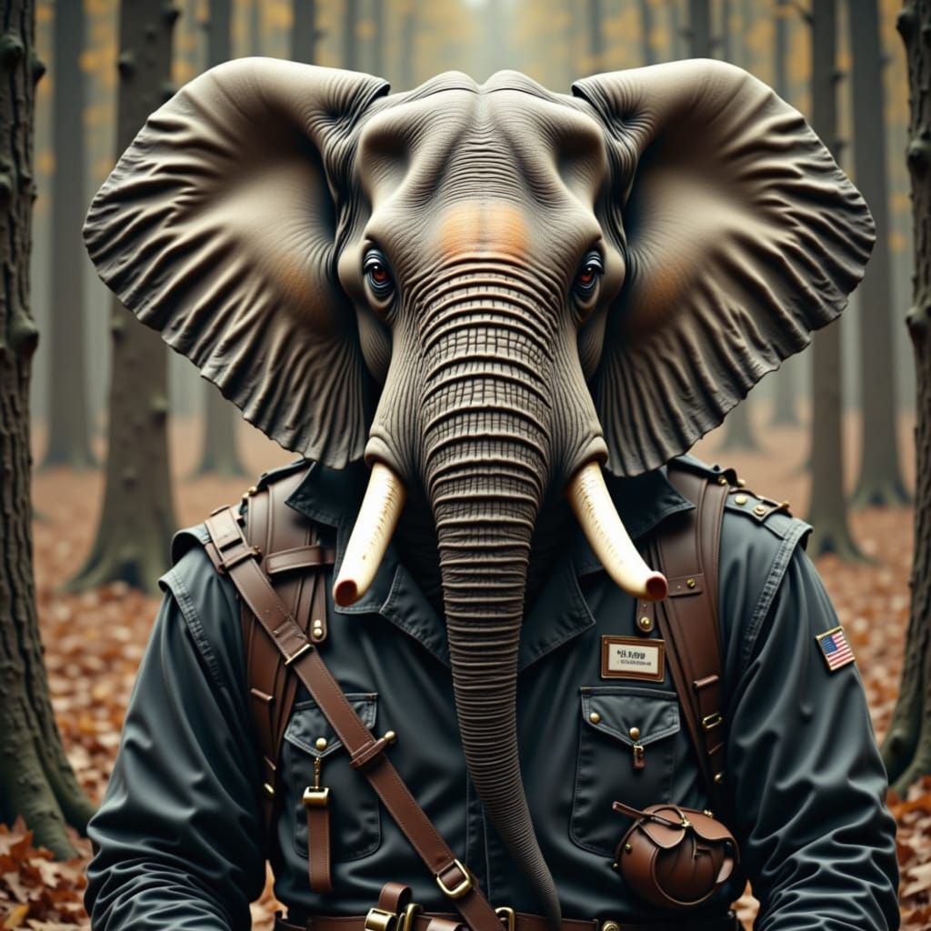 Elephant headed man is president of the United States. <lora:Theriocephaly Flux:1.0>