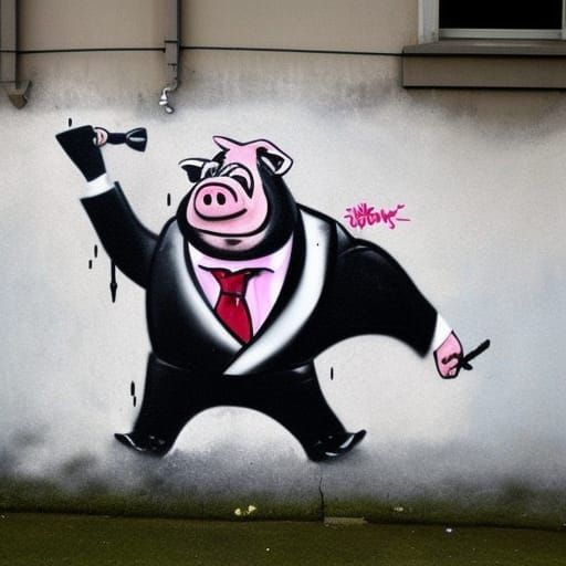 pig in tuxedo in fighting pose graffiti art, splash art, str...