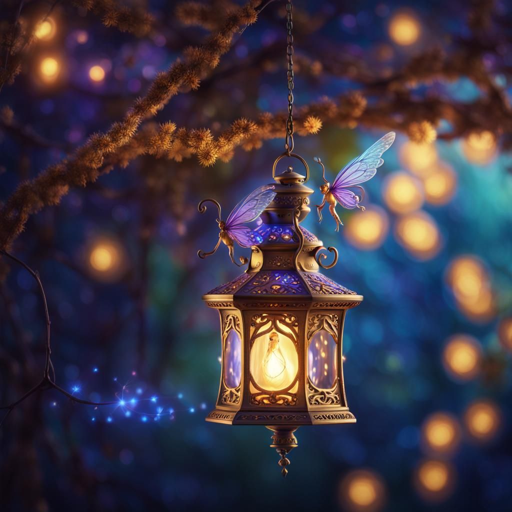 A vintage magical lantern hanging from a tree with a tiny fairy shining inside