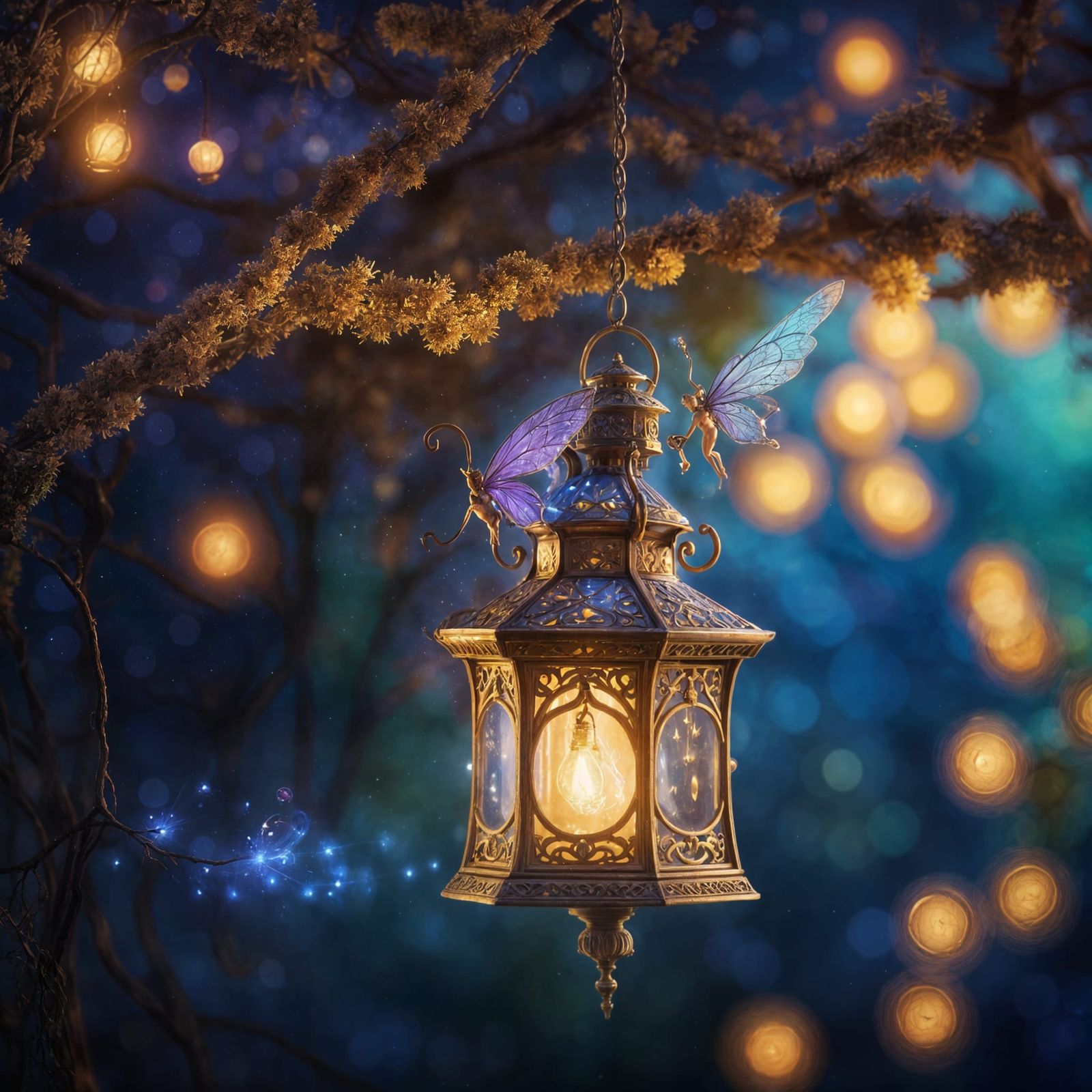 A vintage magical lantern hanging from a tree with a tiny fairy shining inside  by @Alvija
