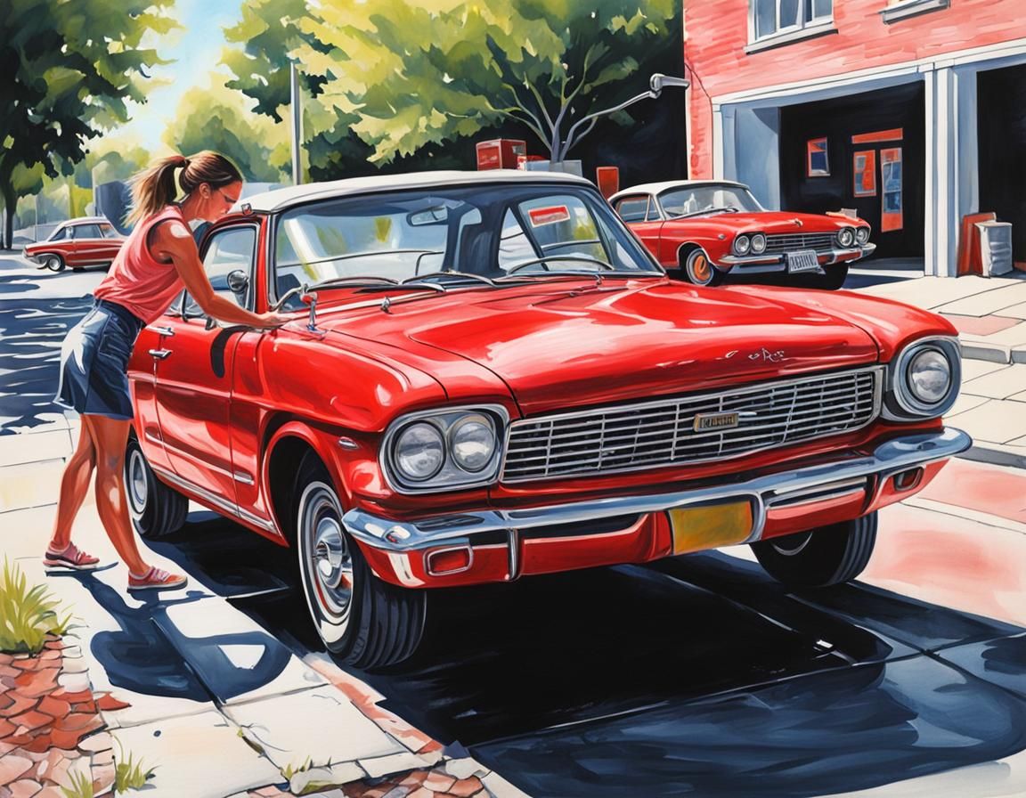 pretty young girl washing a red car medium distance bright s...