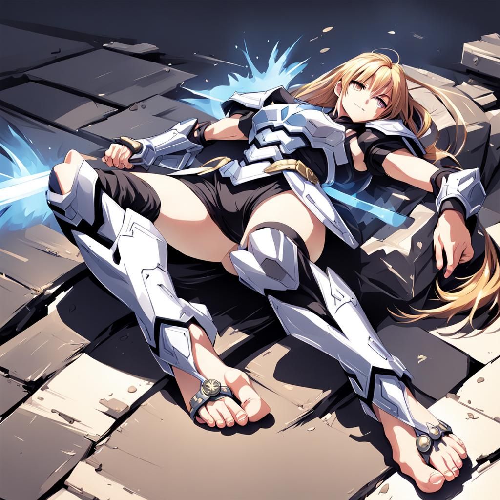 medium muscular, anime woman, barefoot, laying down, showing soles of feet,  high-quality, light armor - AI Generated Artwork - NightCafe Creator