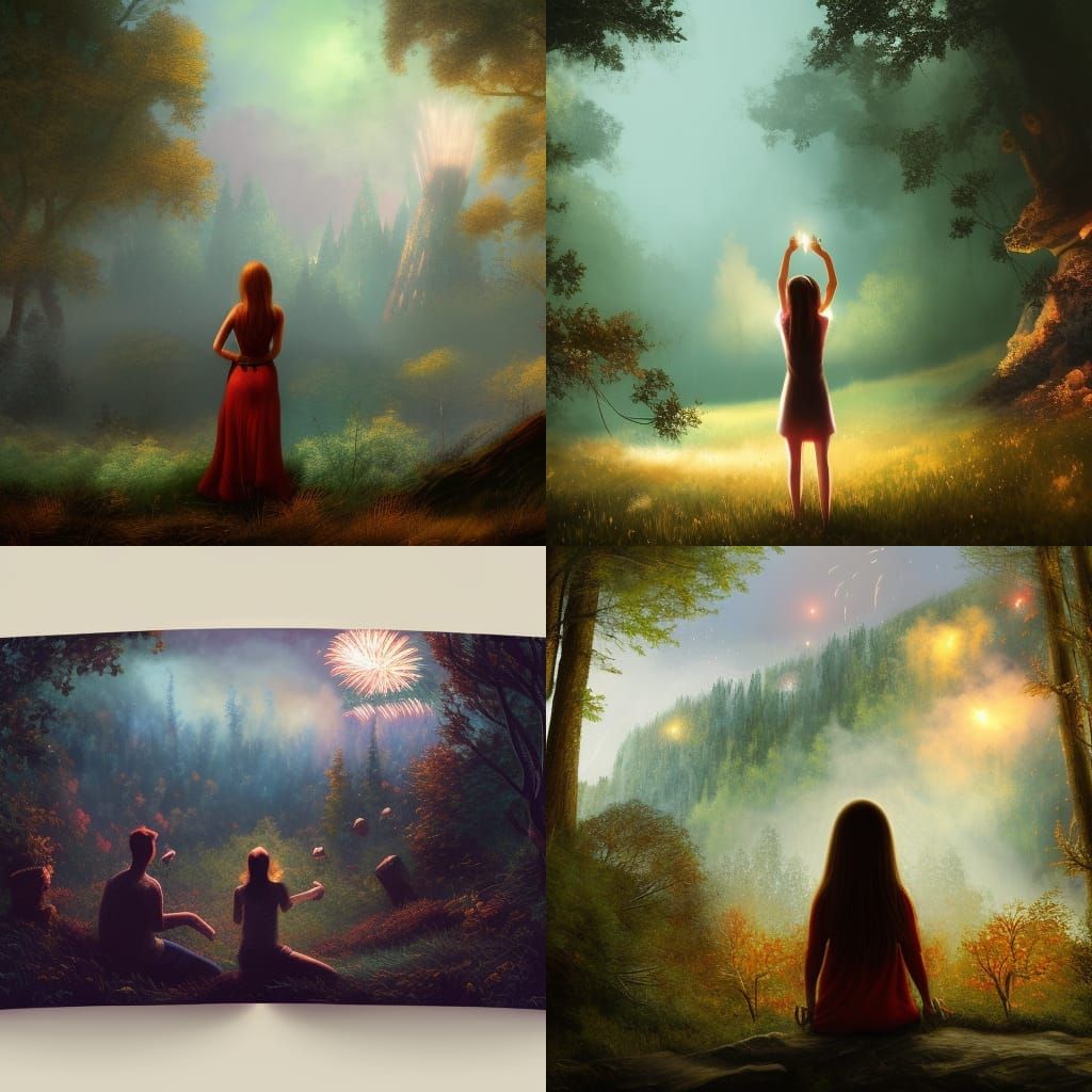 Girl watching fireworks in a forest