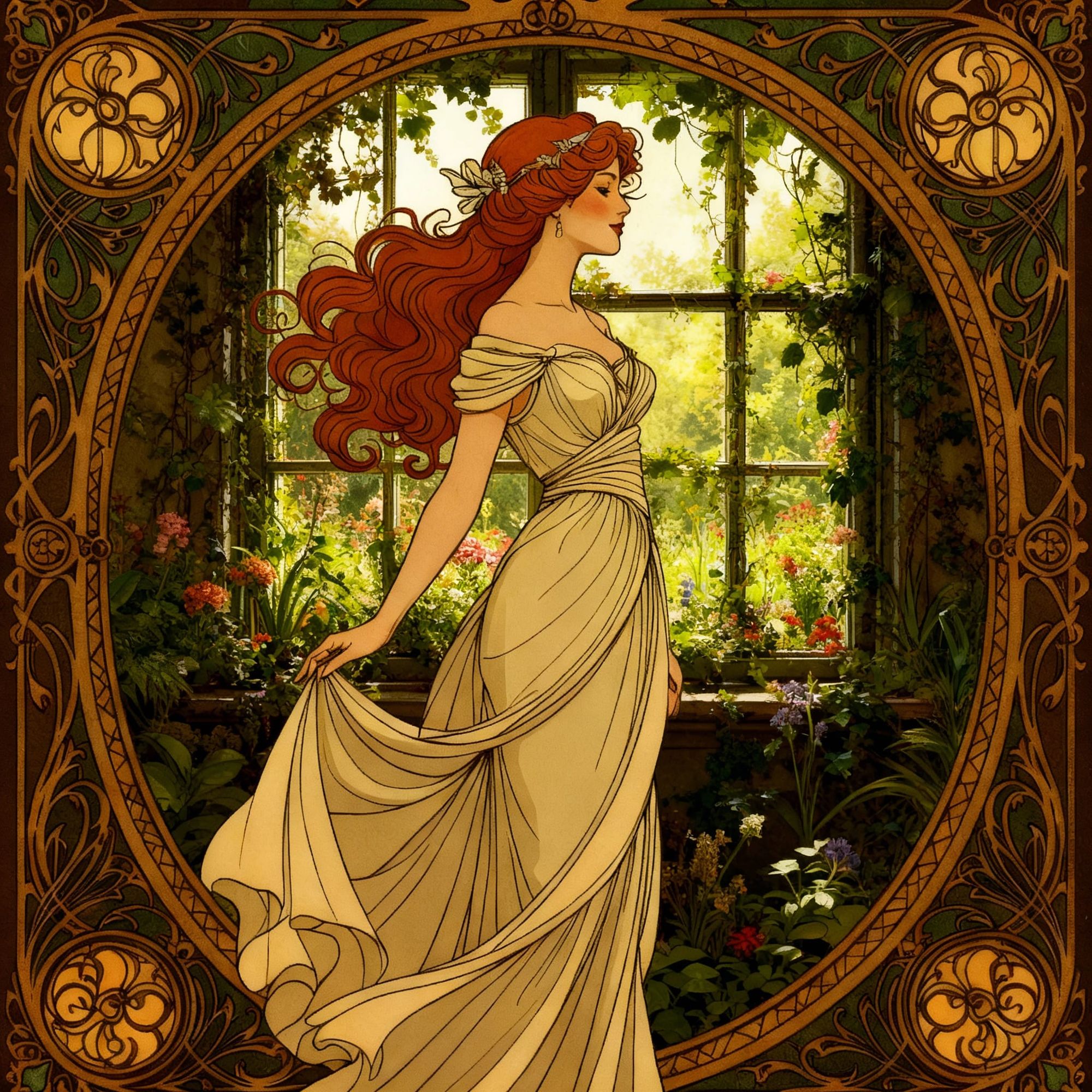 surreal  fantasy Gibson Girl  in the style and colour pallet of an art nouveau Parisian poster. Feel should be whimsical and classically bea...