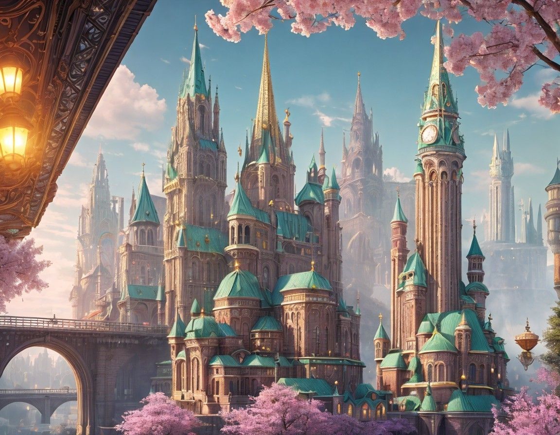 Turquoise Castle Amidst Cherry Blossoms