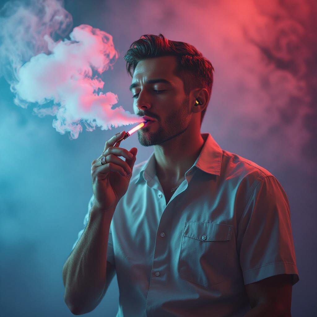 Man Smoking Futuristic E-Cigarette in Cinematic Style