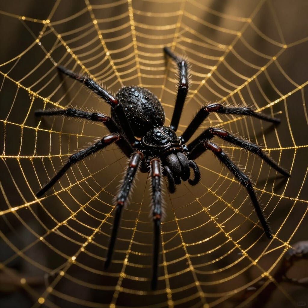 Golden Webs Woven by Detailed Black Spider in Dark Fantasy S...