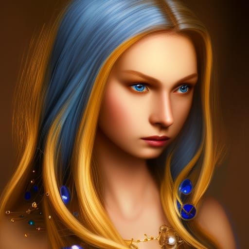 girl with long blonde hair blue eyes gold stud earrings ambe...