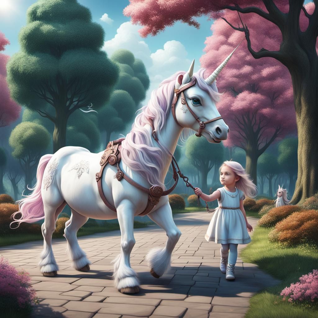 Young girl walking an adorable baby unicorn on a leash in the park  by @Fritholf