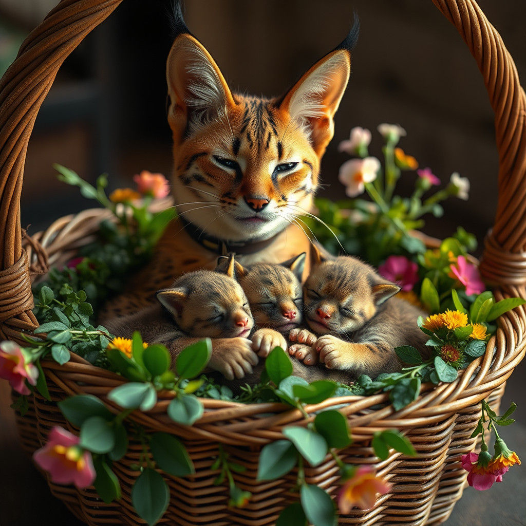 in a gorgeous basket, a happy female caracal with her cute s...