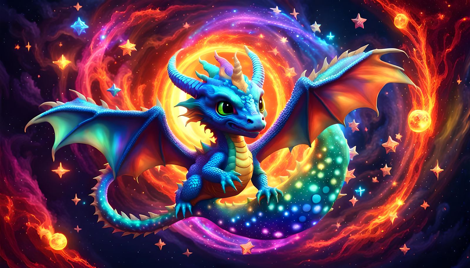 Rainbow Dragon Flies Through Iridescent Star Nebula