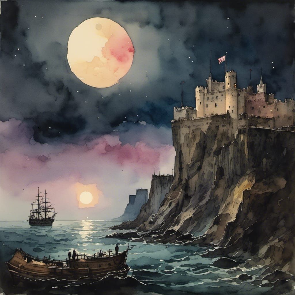 1700's. A fort on a cliff with a big moon background. Ship in the ...