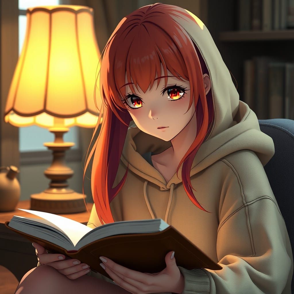 Girl in Red Hair, Hoodie, and Book, in 3D Anime Style
