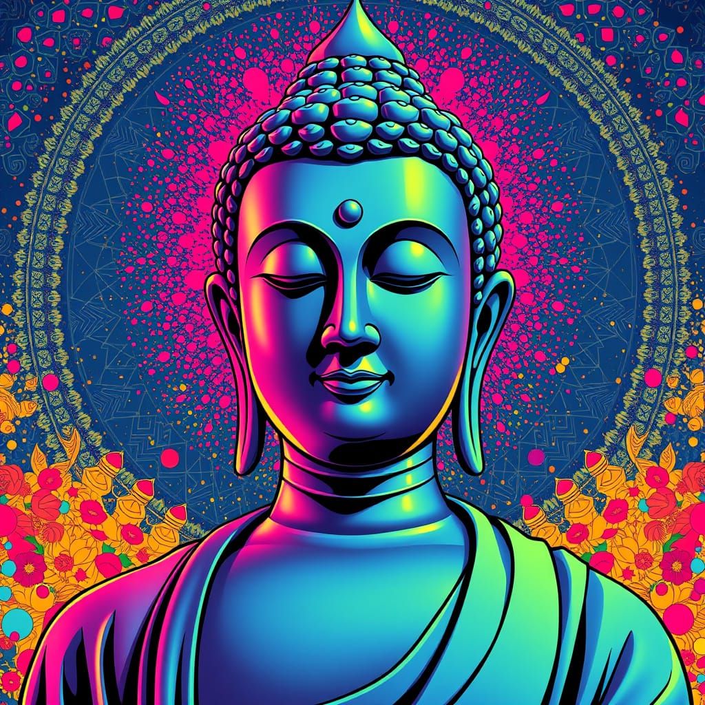 Buddha in Vibrant Bauhaus-Inspired Comic Book Art