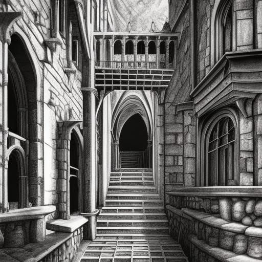 Medieval style castle with many doors and stairs M.C. Escher