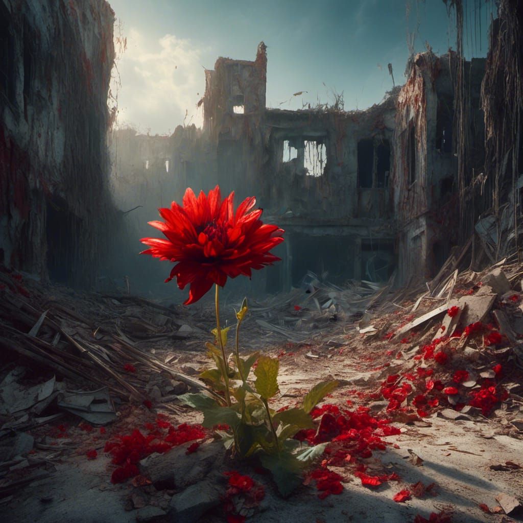 <lora:Macabre:1.0> Morning sun highlights vibrant red flower...
