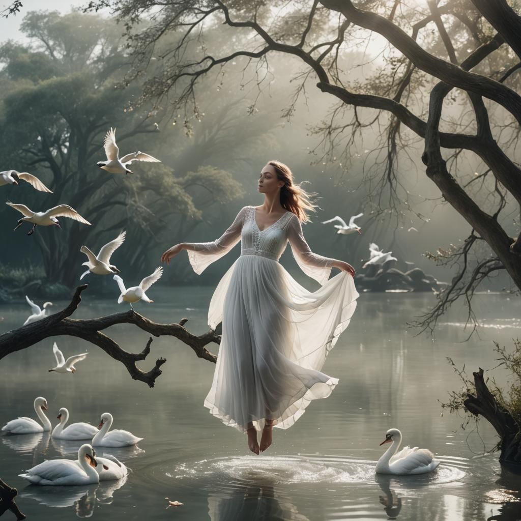 A serene and mystical scene featuring a lady in a flowing wh...