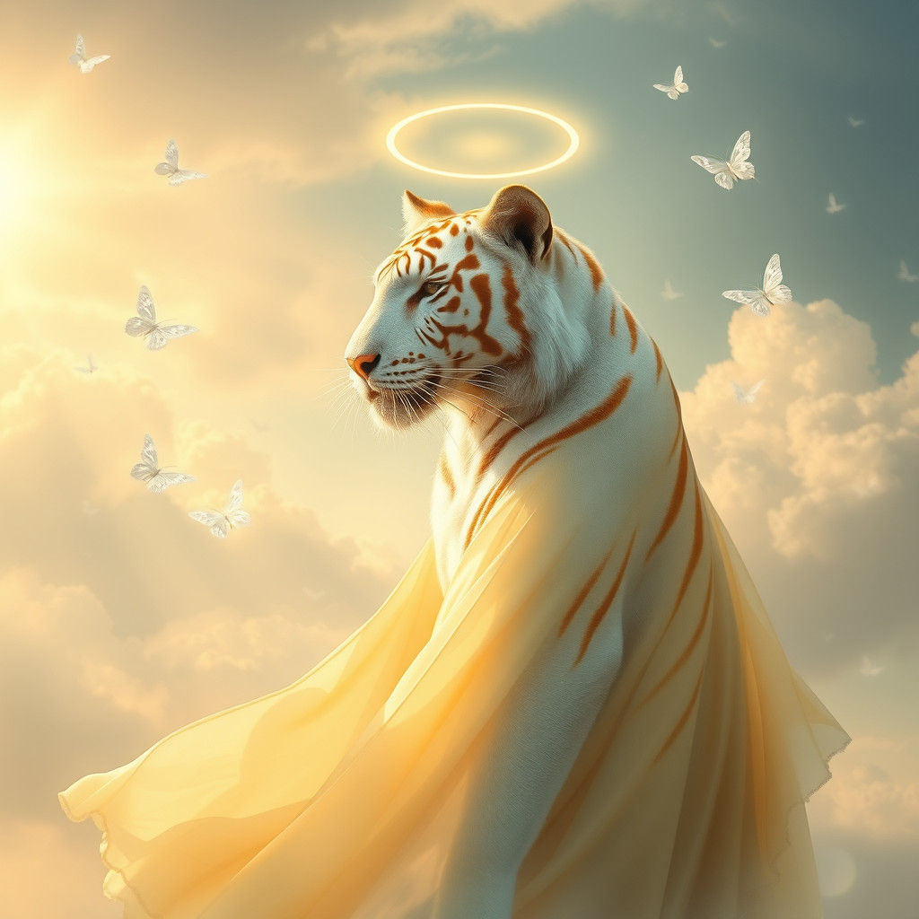 white and yellow tiger with halo on its head and white butterflies flying through the clouds 