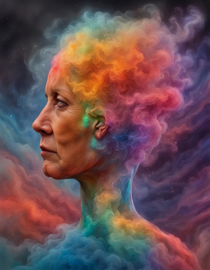 Une personne méditant, entourée d'une nébuleuse colorée