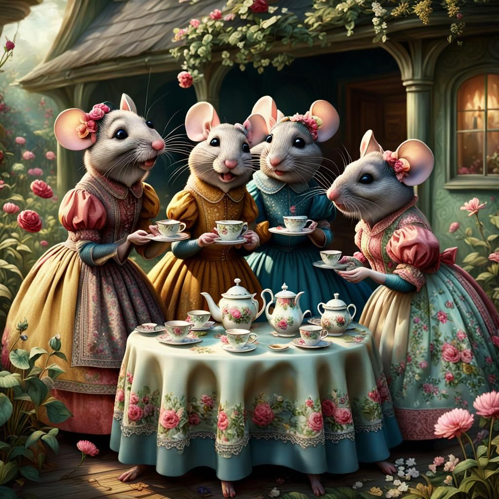 Female mice dressed in cottage core fancy garden party color...