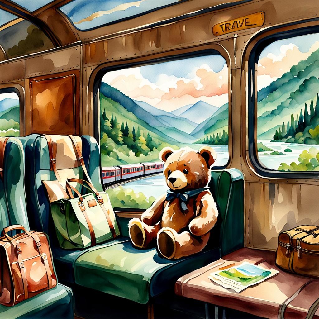 Teddy Bear's Watercolor Train Journey Through Lush Scenery