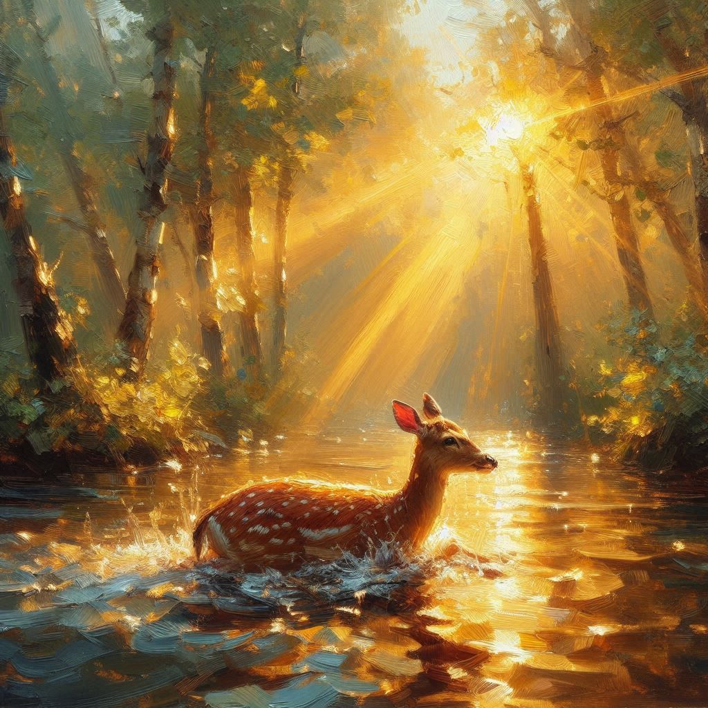 Deer in forest pond
