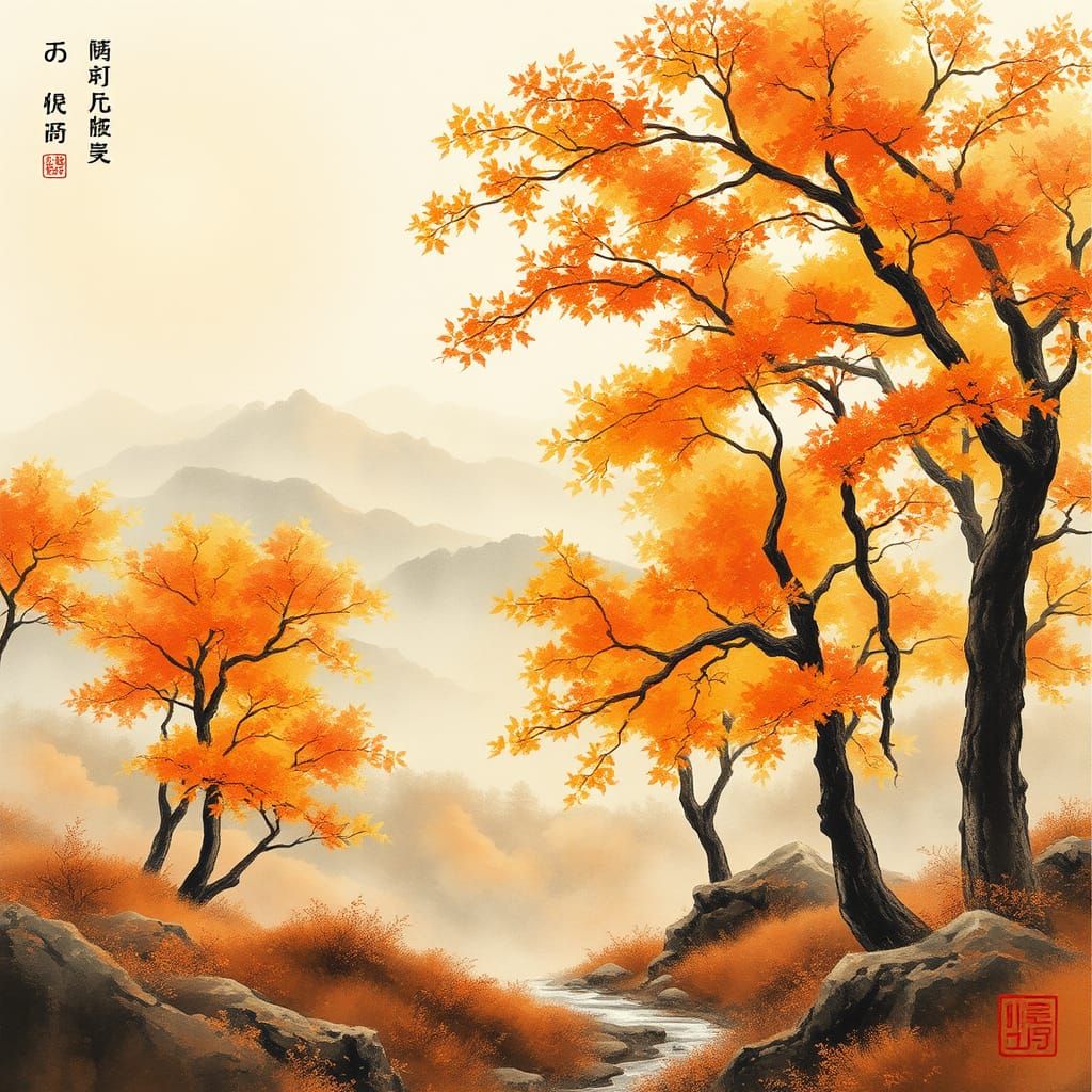 Autumn Trees with Golden Leaves and Mountain Range