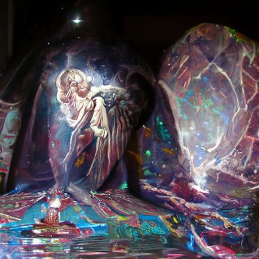 Angel with arched wings praying at a dark altar