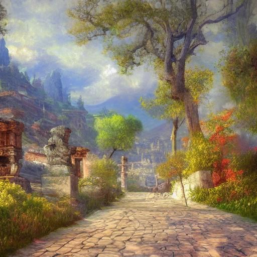 Ephesus Temple with Hermes Statue as Impasto Painting