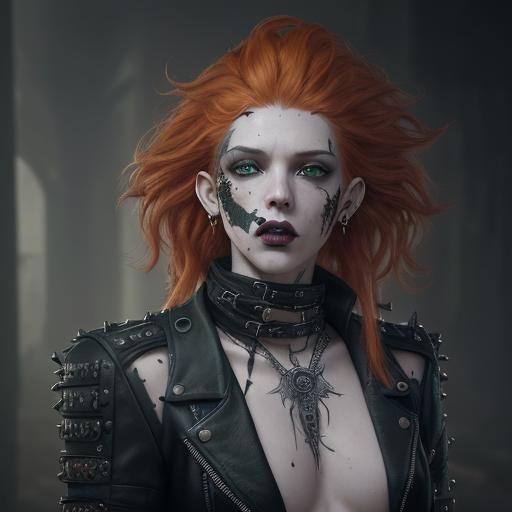 Pale androgynous male punk, heavily scarred lips, long curly...