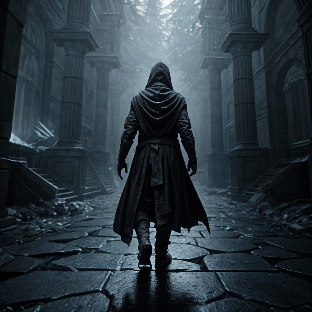 Mysterious Hooded Figure in Shadows: 3D Cinematic Render