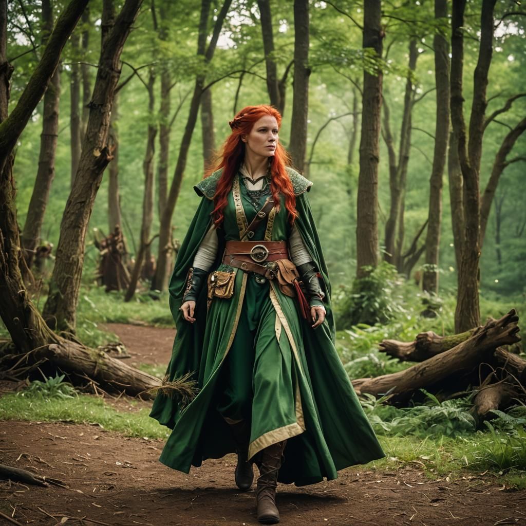 female renfaire druid outfit in green with red hair