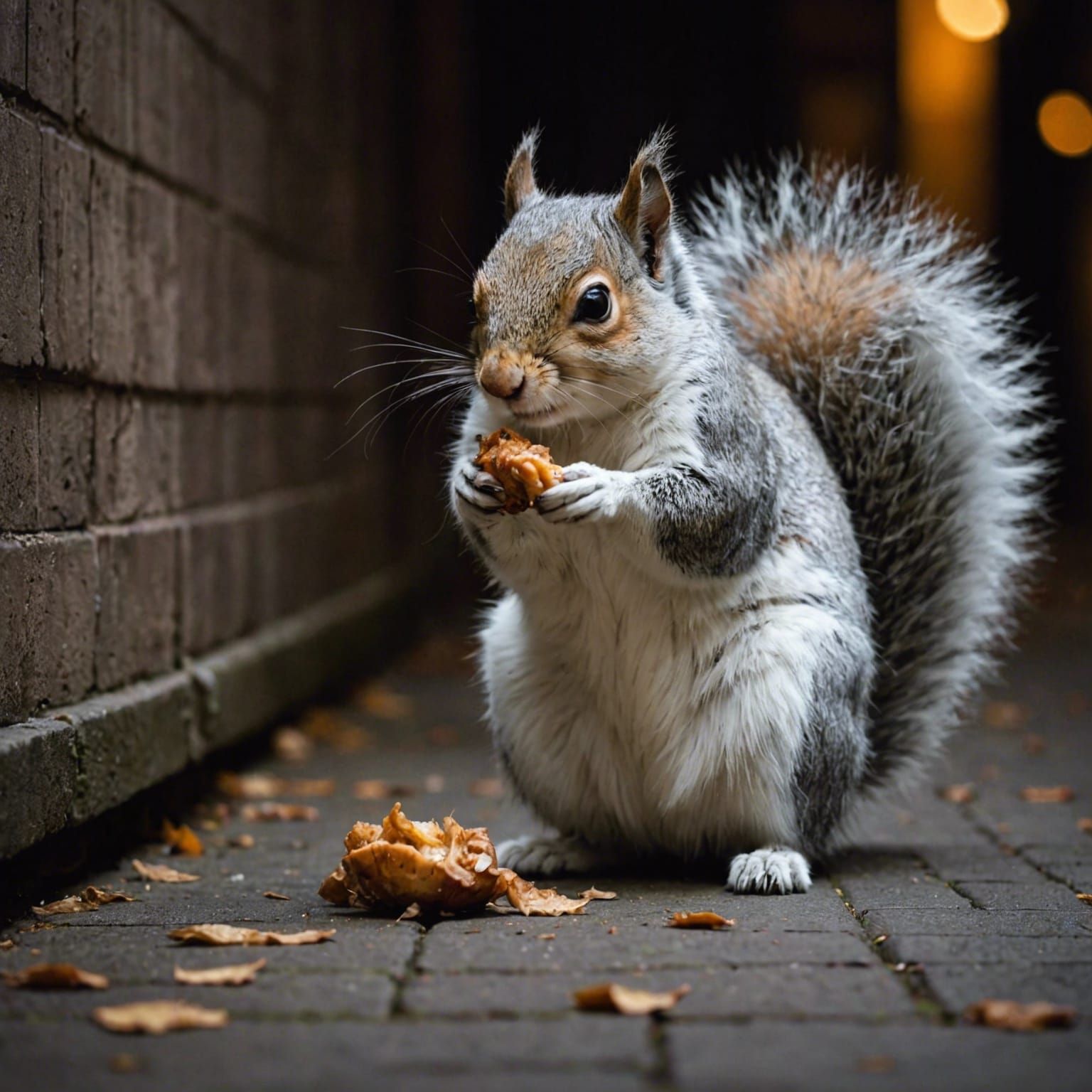 In a quiet corner of a dimly lit alley, a fluffy Wild Squirr...