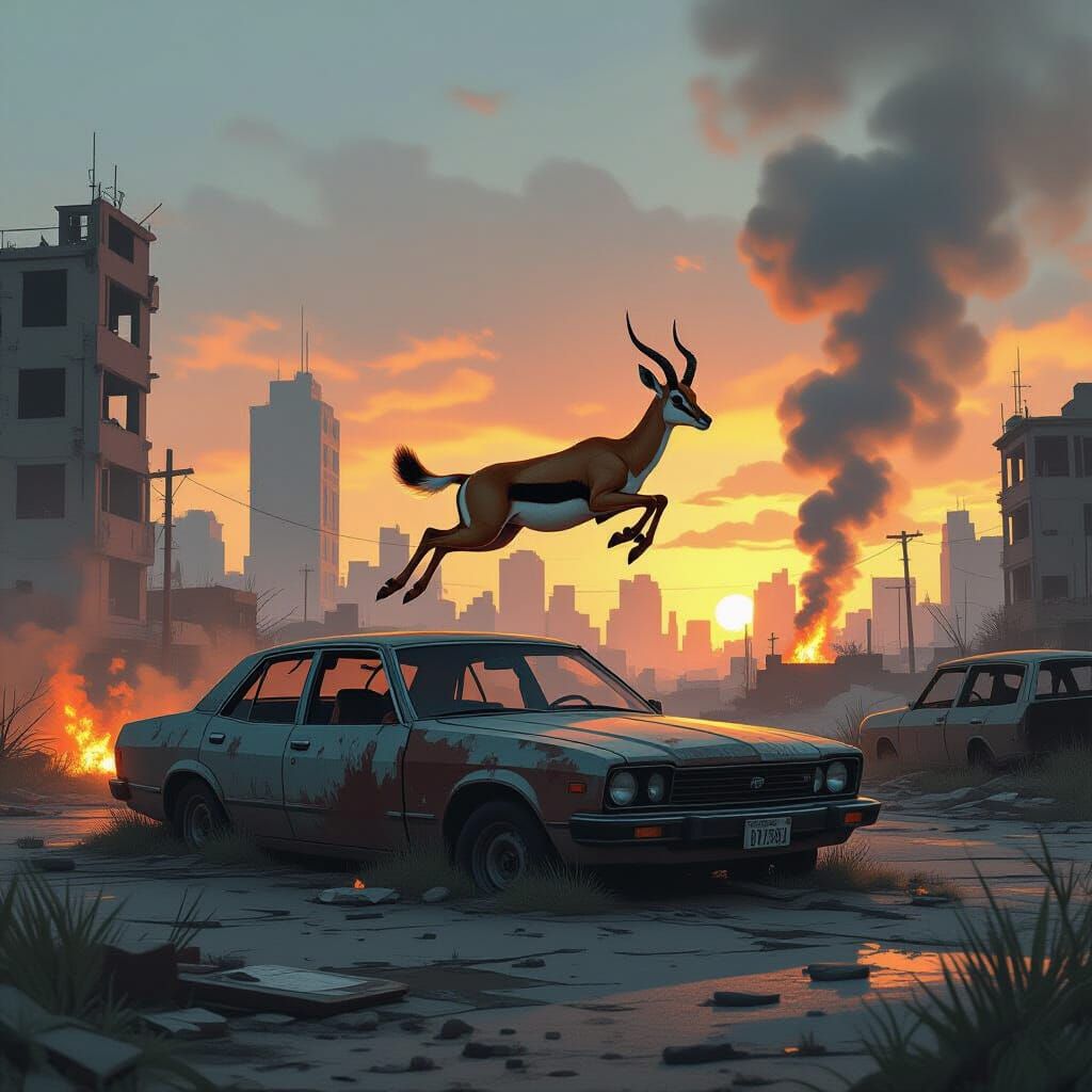 Gazelle Leaps Over Ruined Car in Post-Apocalyptic Cityscape
