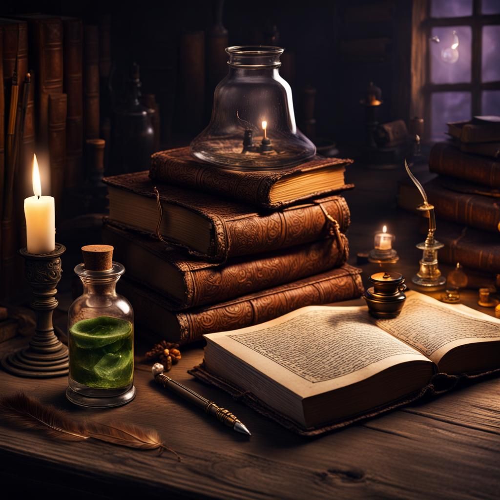 a book sitting on a wizards wood table  by @Mommakuma