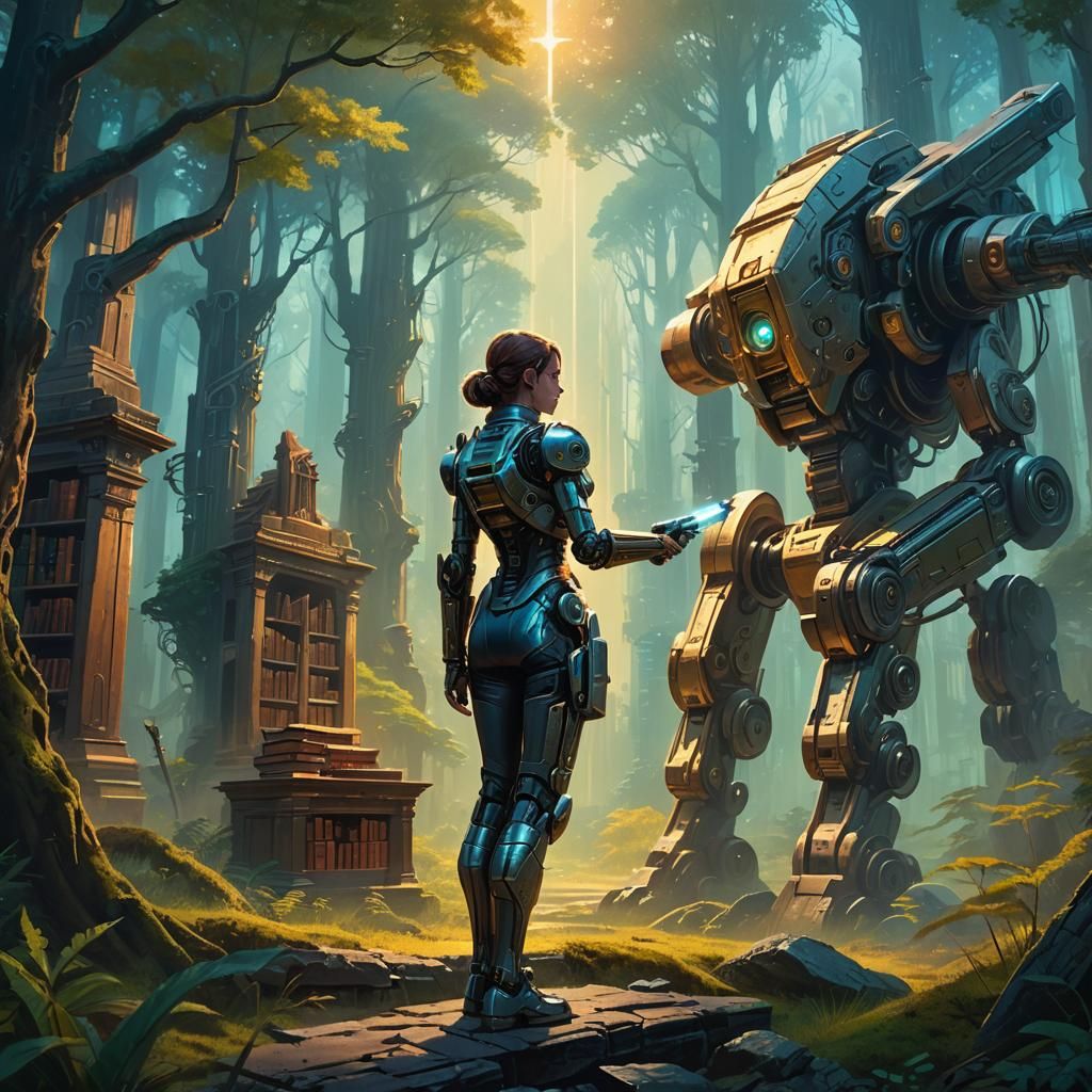 Woman with Robotic Arm in Mystical Forest