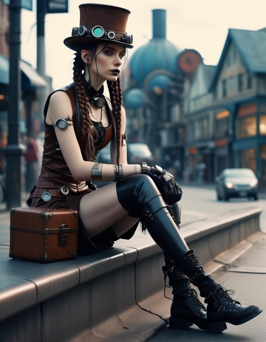 young girl sits on the curb in a futuristic city, a dark fai...